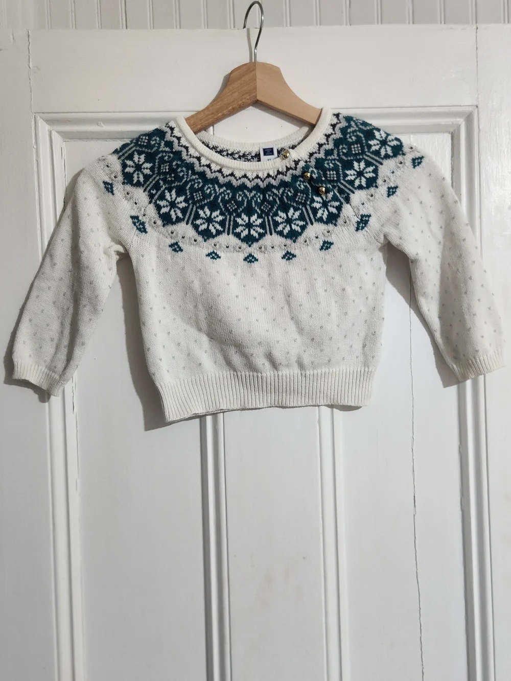 Janie and Jack White Crewneck Sweater with Teal Fair Isle‎ Yoke 2T